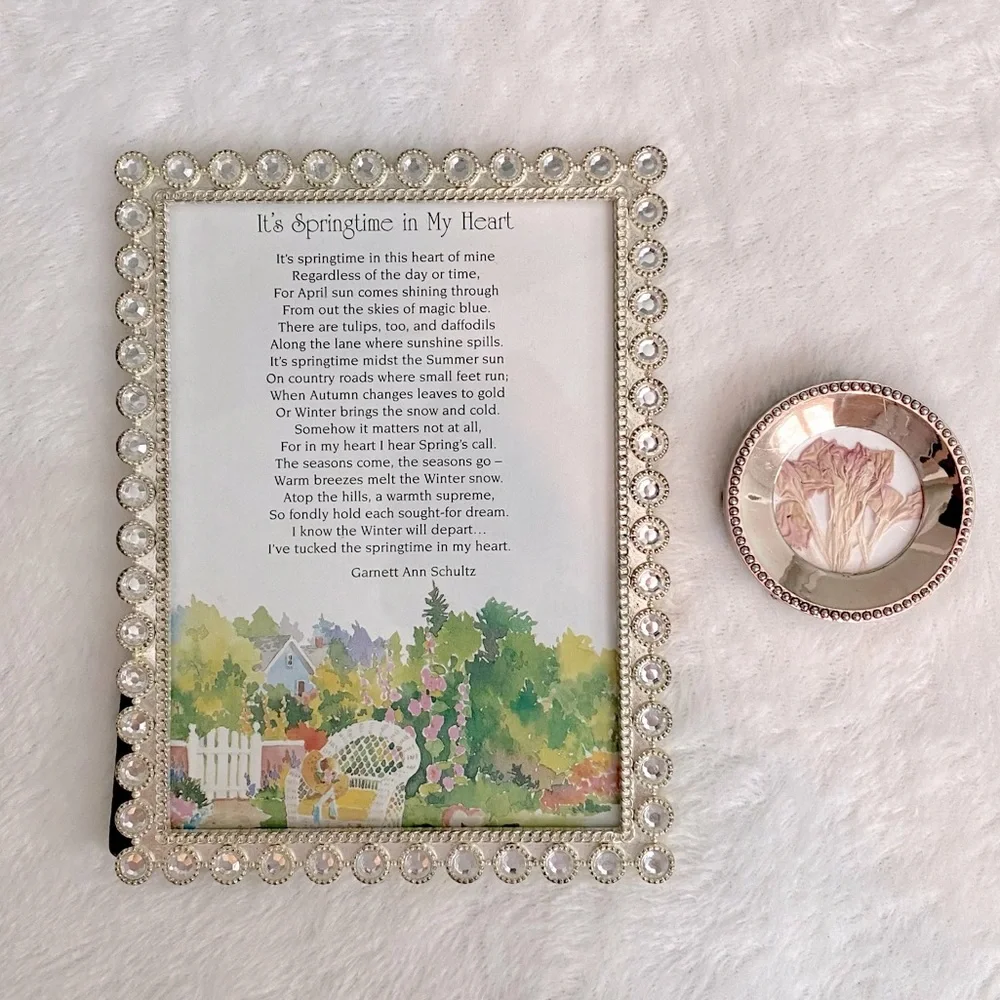 Vintage Silver Tone & Crystal Rhinestone Frame & Print 5x7 inches